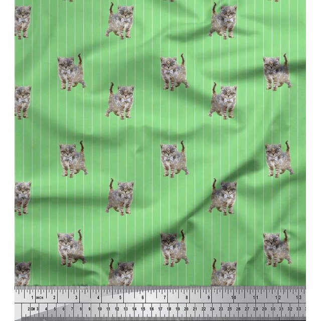 Soimoi Rayon Fabric Stripe & Cat Animal Decor Fabric Printed Yard 56 Inch Wide