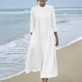 thumbnail image 1 of Robes Maxi en Coton et Lin pour Femmes, Robe Tunique à Boutons Col Ras du Cou Manches Longues Plissée Ligne a Fluide Longues Robes Robes d'Été pour Ados Blanc TTG, 1 of 9
