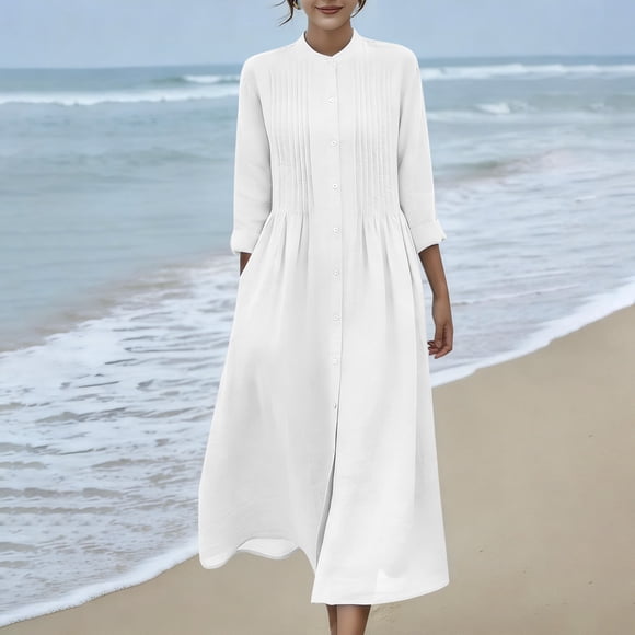 Womens Cotton Linen Maxi Dresses, Button Tunic Dress Crewneck Neck Long Sleeve Pleated a Line Flowy Long Dresses Summer Dresses for Teens White XXL
