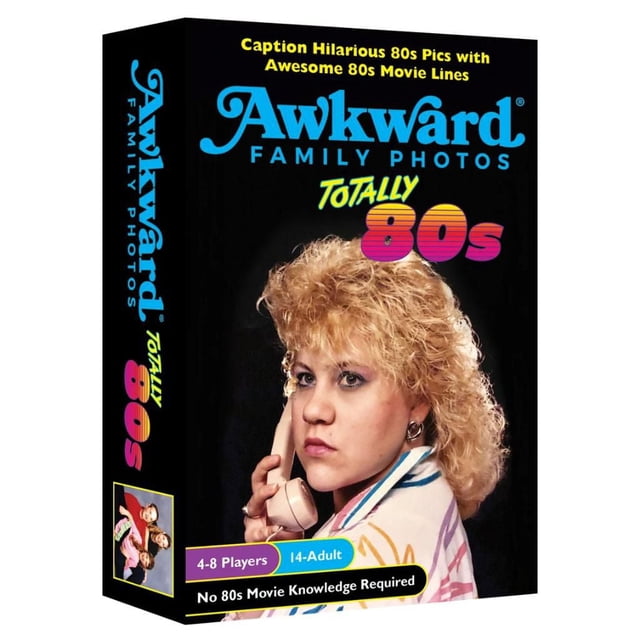 All Things Equal Awkward Family Photos Totally 80s Card Game box showing a person with voluminous curly 80s hair holding a retro telephone handset, with colorful 80s-themed text and graphics, designed for 4-8 players aged 14 and up with no 80s movie knowledge required.