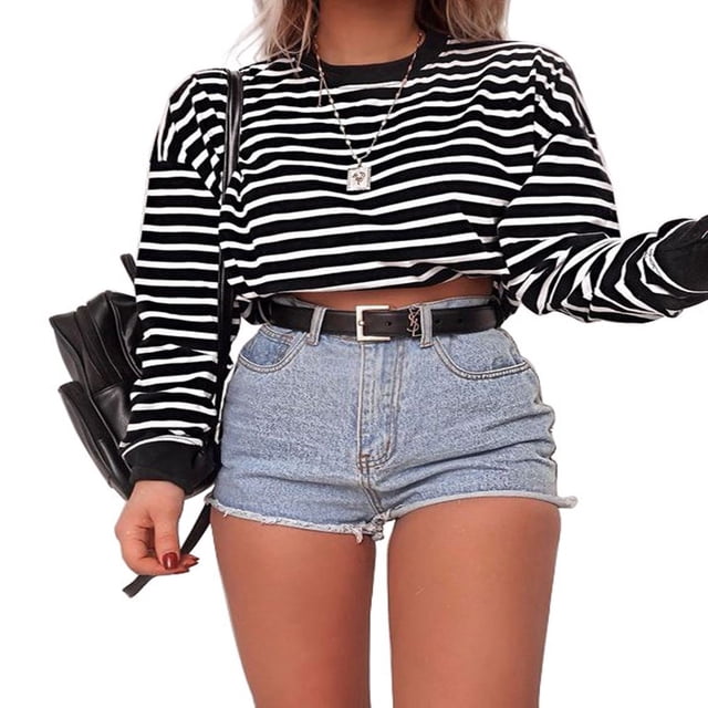 Women Sweater Long Sleeve Solid Color/Striped Crop Loose Pullover Neck Top