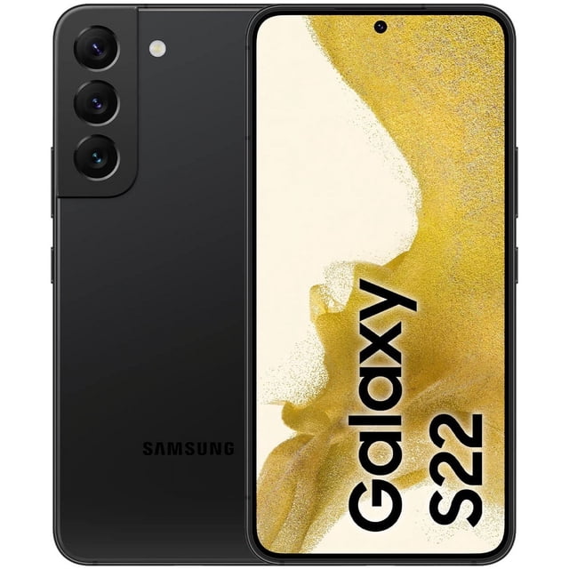 Refurbished Samsung Galaxy S22 5G smartphone in Phantom Black, featuring a 6.1-inch Dynamic AMOLED 2X display with 120Hz refresh rate and HDR10+ support. The phone showcases a 50MP triple rear camera system and a 10MP front camera for high-quality photos and videos. It is fully unlocked, has 256GB of internal storage, and is powered by the Snapdragon 8 Gen 1 processor. The device is in excellent condition with a sleek design and durable Gorilla Glass Victus+ build.