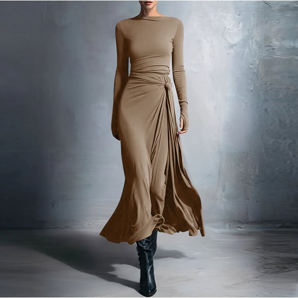 Mceream Women's Wrap Maxi Dress – Asymmetric Draped Long Sleeve Floor-Length Dress In Red, Black & Purple, Flowy Stretch Crepe Fabric, Great for Weddings, Events & formal Occasions Khaki M