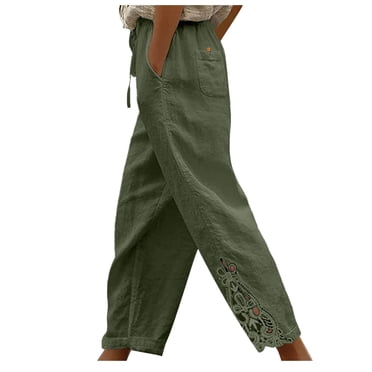 Cameland Ladies Pants Womens Casual Fashion Lace Relaxed Drawstring Pocket High Waist Pants Comfortable Cotton Linen Trousers