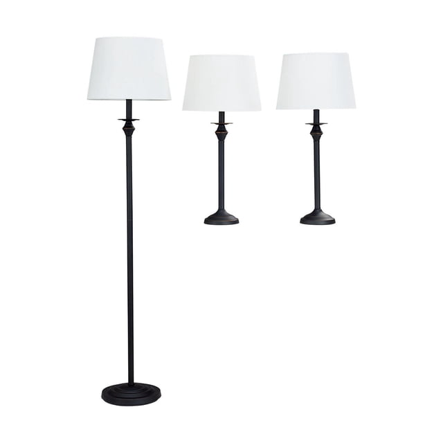 HOMETRENDS Ensemble de Lampes sur Pied avec une Lampe sur Pied de 59,3 Po et Deux Lampes de table de 27,3 Po avec bases en Métal Noir Mat et Abat-Jour en Lin Blanc, Chacune avec Interrupteurs Rotatifs pour un Enfilage/extinction Faciles, Idéal pour Salons, Chambres Ou Bureaux.
