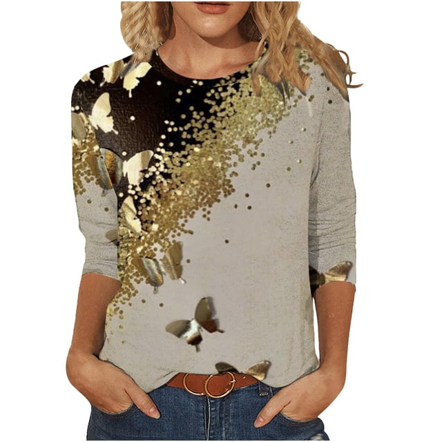 IROINID T-Shirts à Manches Longues pour Femmes Manches 3/4 Chemises de Détente Pull Tunique Ample Blouse Imprimée Col Rond, Kaki