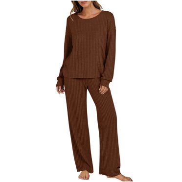 Besolor Womens Ribbed Knit Pajamas 2 Piece Crew Neck Long Sleeve Tops with Pants Sets Casual Soft Fall Sleepwear Pjs