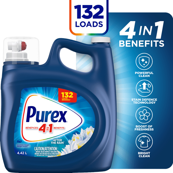 Détergent à lessive liquide concentré avec bénéfices 4-en-1, PurexMD AFTER THE RAIN, puissant contre les taches, ravive et blanchit les vêtements, 4,42 L, 132 brassées, compatible avec les laveuses HE