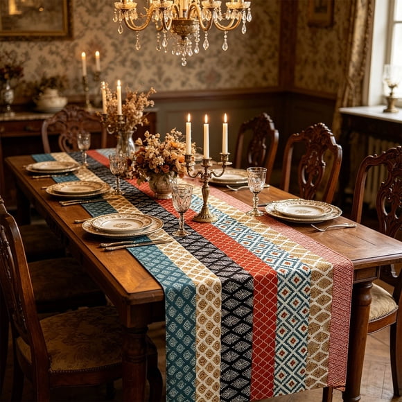 Bohemian Geometric Linen Table Runner, Multicolor Striped Farmhouse Style Table Decor, Woven Table Runner For Dining Room Kitchen, 12.99X108.27 Inches