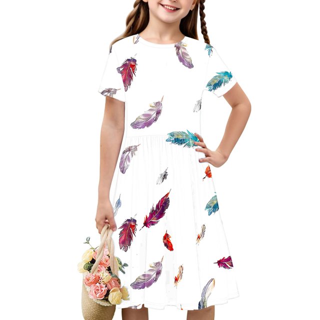 Soldes de Liquidation Aujourd'hui Offres Iumwxz Robe Décontractée Trapèze Robe Tunique pour Adolescentes Robes Col Rond Mignonne à Motif Robe à Manches Courtes pour Filles Robes Ravissantes pour Fête 4-14a