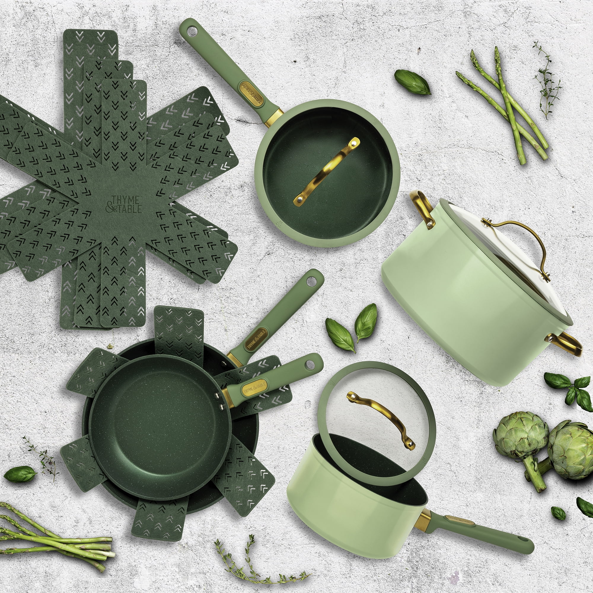 Batterie de cuisine 12 pièces en granit Thyme et table antiadhésive - Vert