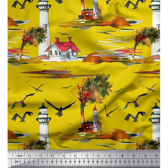 Soimoi Cotton Cambric Fabric Lighthouse,Bird & Tree Nature Print Sewing Fabric Yard 56 Inch Wide