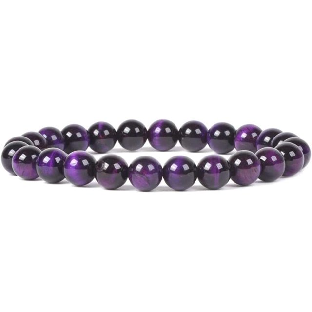 Bracelet Extensible en Perles Rondes de 8 mm en Oeil de Tigre Violet Teint 7 Pouces