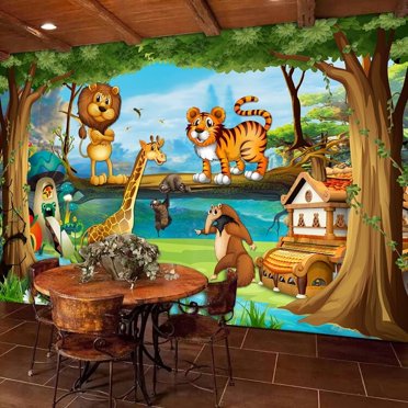 Papier Peint 3D Dessin Animé Animal Forêt SKU# WAL0366
