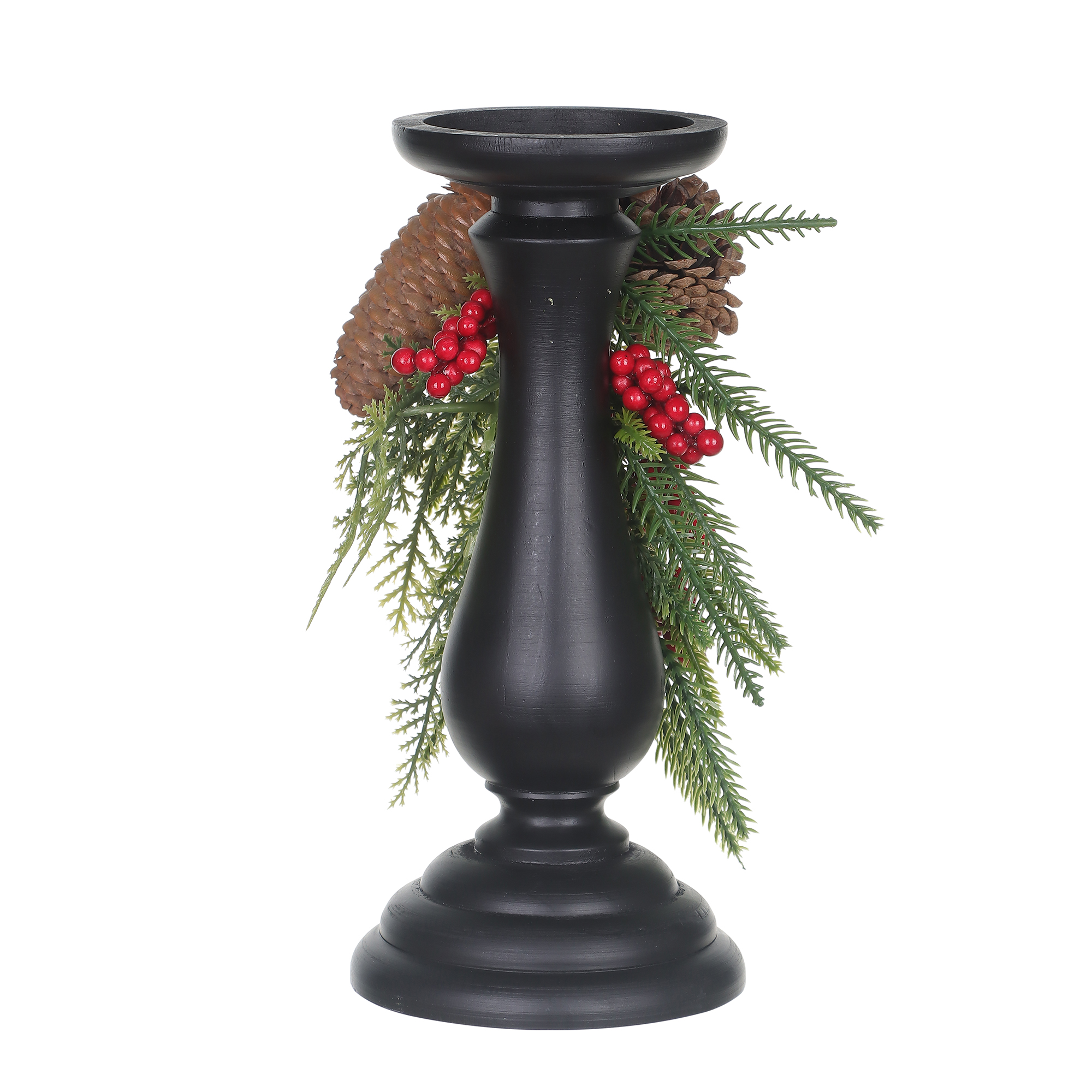 HOLIDAY TIME 10 IN Wooden Christmas Candle Holder with Pinecone and Red Berry Foliage