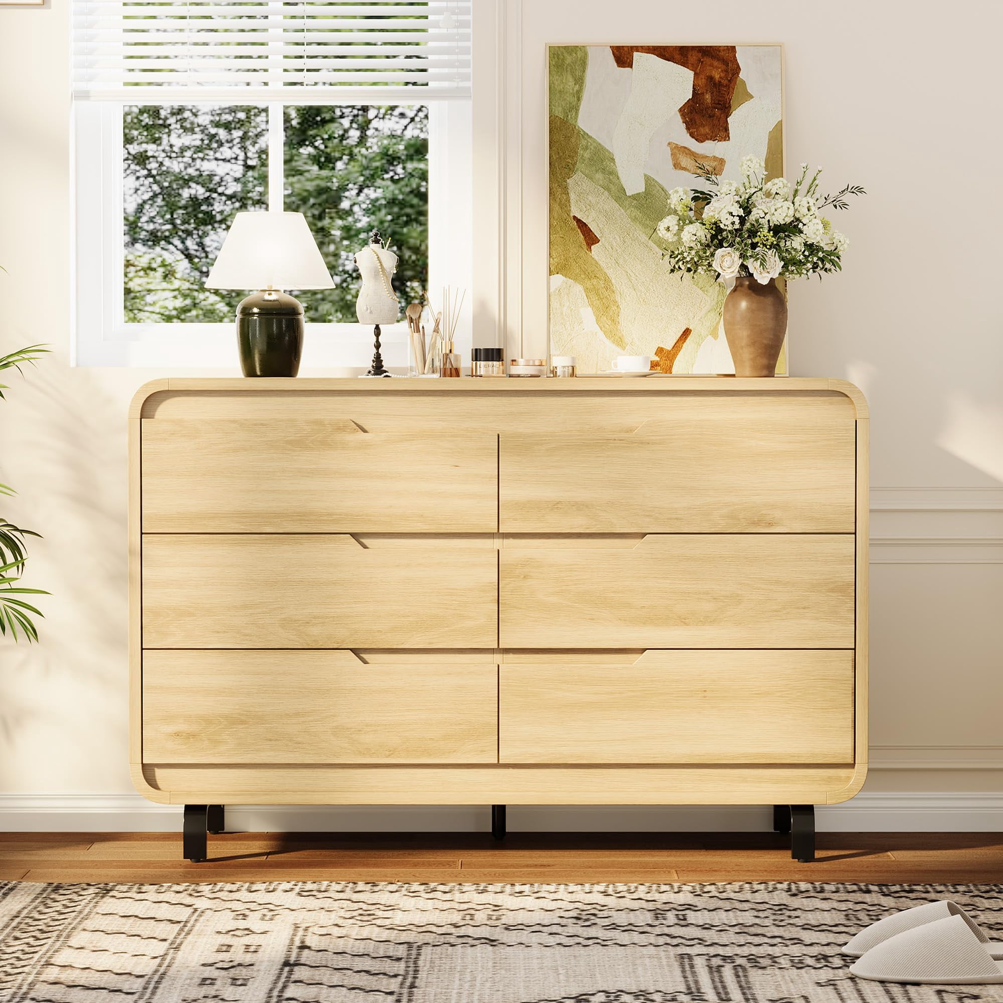 BeesClover 6 Drawers Dresser for Bedroom, 47" Wide Modern Wooden Clothes Dresser with Large Wood Storage, Chest of Drawers for Living Room, Hallway