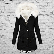 Nfurl Winter Coats for Women Thicken Parka with Faux Fur Hood Warm Fleece Lined Zip Up Quilted Jackets with Pockets Casual Outerwear Black L