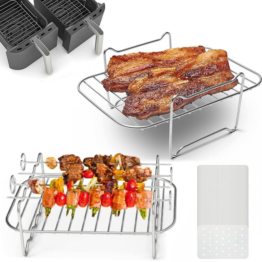 MesaSe Stainless Steel Air Fryer Accessories with BBQ Sticks and BBQ Paper Non-stick Air Fryer Rack Multipurpose Double Layer Dehydrator Rack Metal Holder for Dual Basket Air Fryers and O