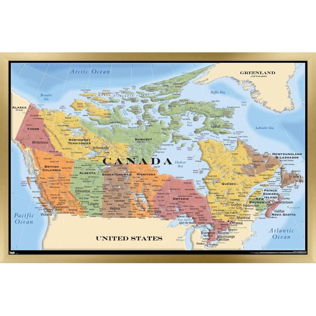 Carte - Affiche Murale du Canada, 22,375 Po x 34 Po Encadrée, Montrant une Carte Politique Détaillée avec des Codes de Couleur des provinces et Territoires, des Villes Étiquetées comme Grandes Villes comme Vancouver, Toronto et Montréal, et des Océans Environnants Nommés. l'Affiche Présente une Finition Satinée Moderne et un Cadre Noir, Idéale pour la Déco de la Maison, le Bureau Ou un Usage Éducatif.
