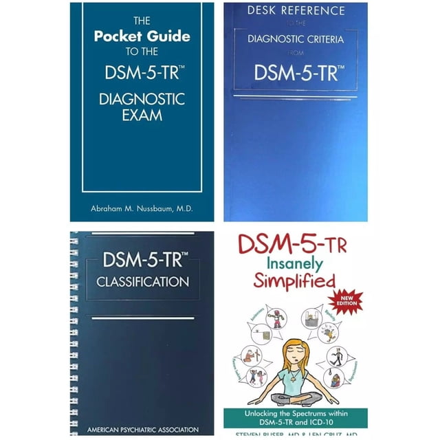 Ensemble Combo DSM 5 TR Référence de Bureau + Classification + Simplifié + Guide de Poche. un Ensemble de Quatre Livres Incluant 'The Guide de Poche pour l'Examen Diagnostique DSM-5-TR,''Référence de Bureau aux Critères Diagnostiques de DSM-5-TR,' 'DSM-5-TR Classification,' et 'DSM-5-TR Folles Simplifiés.' les Couvertures Présentent des Motifs Bleus Professionnels pour les Trois Premiers Livres, Tandis Que l'Édition « Folles Simplifiés » A une Couverture Illustrée avec des Vis