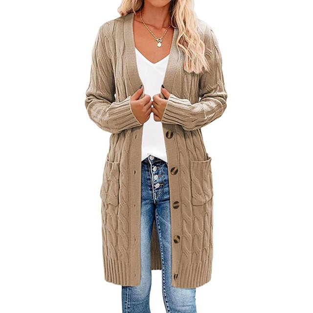 Womens Long Sleeve Cable Knit Long Cardigan Open Front Button Sweater Outerwear