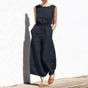 lcziwo Combinaisons en Coton et Lin pour Femmes Décontractées, Combinaisons pour Femmes Sans Manches avec Poche Couleur Unie Pantalon Droit Ample Tendance Chic Décontracté Combinaison Pantalon Noir, m