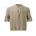 thumbnail image 2 of Men‘s Henley Shirt  Solid Color Long Sleeve Stand Collar Button-Down Loose Simple Linen Beach Tops, 2 of 4