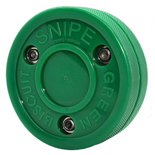 Green Biscuit Snipe Training Puck en Vert avec Bords Texturés et Trois rivets Métalliques Renforcés, Conçu pour l'Entraînement de hockey de Rue et hors Glace afin d'Améliorer la Maniabilité du Bâton, les Tirs au Poignet et les Habiletés de Passe.