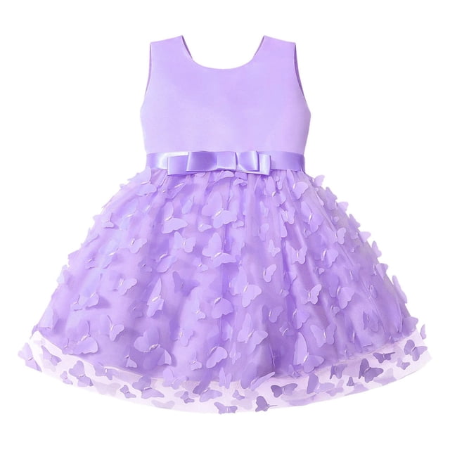 2025 Robe Décontractée Évasée Sans Manches avec Papillon, Comprenant une Jupe en tulle Lavande avec Broderie de Papillon et un Nœud en satin à la Taille. Cette Robe de Fête pour Filles Est Sans Manches et Conçue pour des occasions Spéciales comme les Concours, Mariages et Événements en Soirée. Convient aux Enfants de 0 à 18 Mois, Elle Offre un Tissu Doux et Respirant pour le Confort. Comprend une Robe et un Nœud.