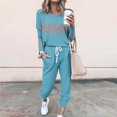 thumbnail image 2 of Posijego Ensemble Femme 2 Pcs Tenue Rayée Décontractée Manches Longues Col Ras du Cou Hauts Pantalons à Cordon Ensembles Détente P-5TG, 2 of 5