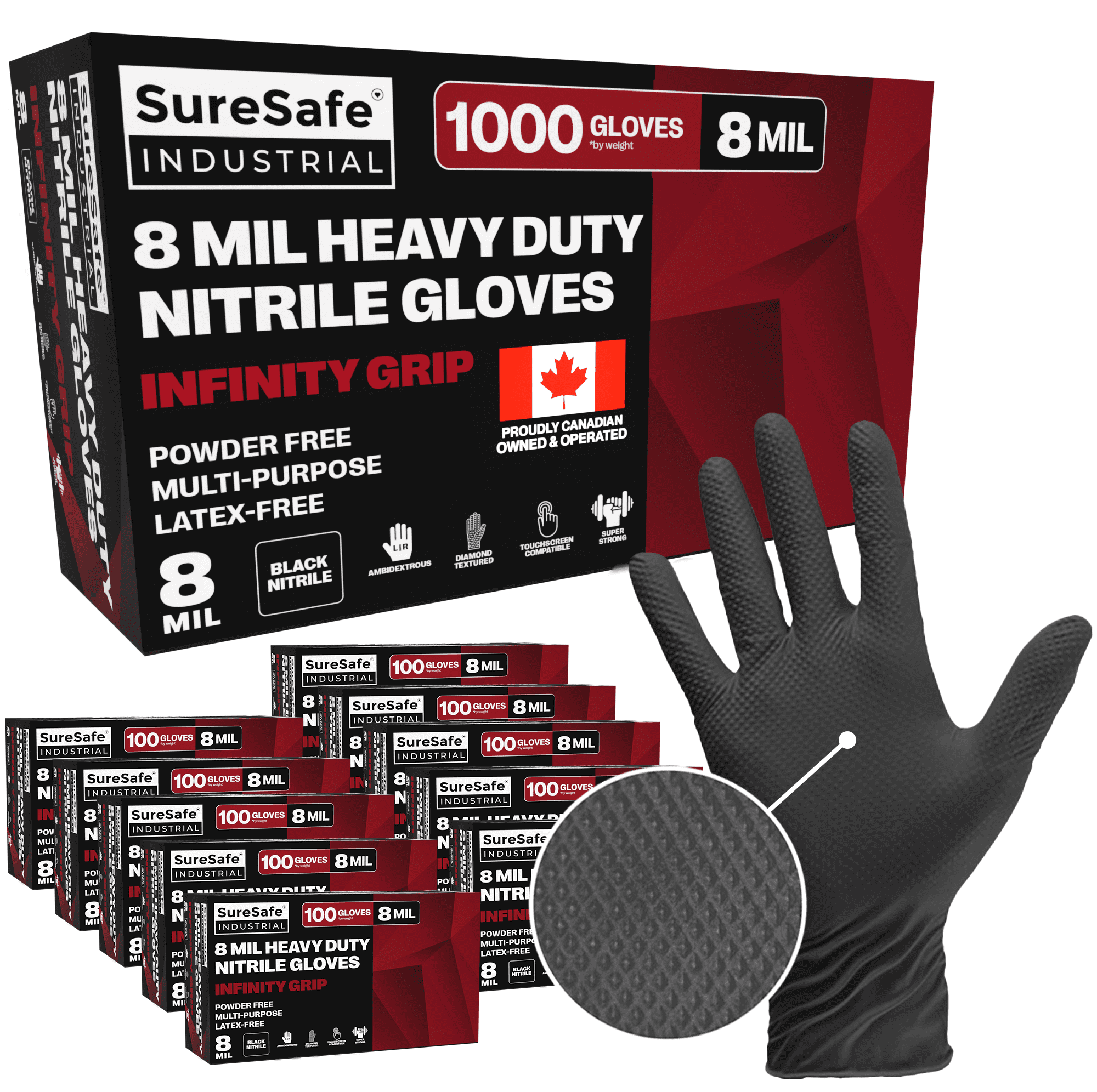 SureSafe 8 Mil Black Nitrile Disposable Gloves, Mechanic, Large, 1000 Count