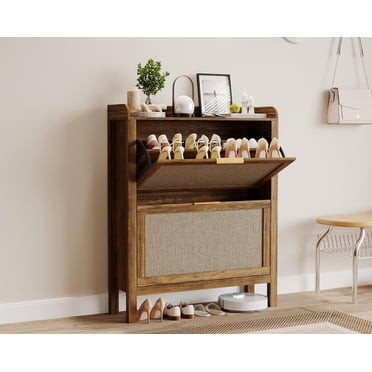 Rattan Shoe Cabinet – Farmhouse Narrow Storage – 2 Flip-Down Drawers – Freestanding Entryway – Adjustable Shelves & Wooden Legs – Brown