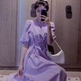 thumbnail image 4 of Violet A-Ligne Robes pour les Femmes de Mode Doux V-Cou Puff Manches Robe Femme Envelopper la Taille Haute Robe Fendue, 4 of 9