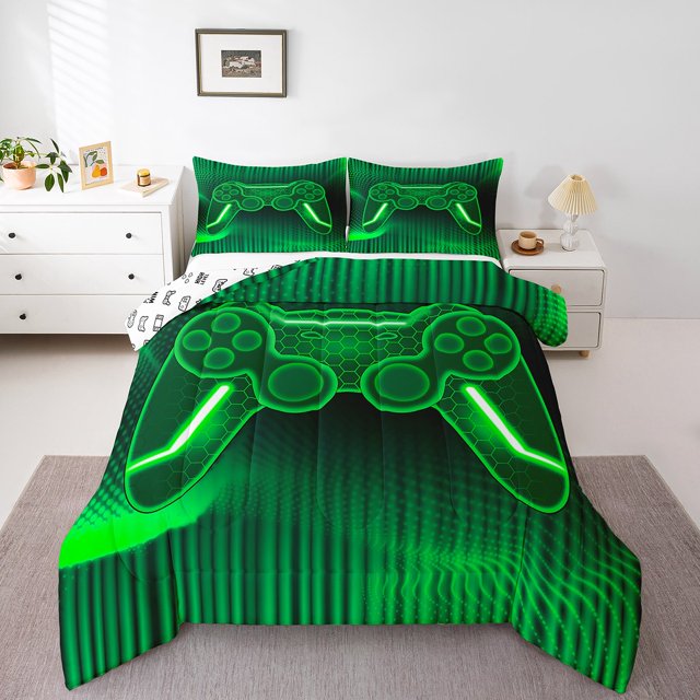 Erosebridal Green Gamepad Comforter Sets King Size, Gradient Geometry Comforters & Duvets, Gaming Sports Decor, Reversible 3pcs