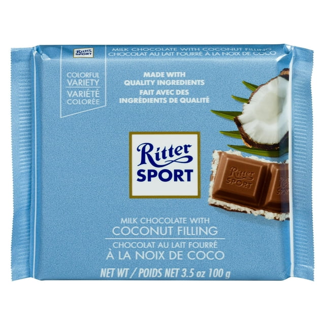 Ritter Sport Chocolat au Lait à la Noix de Coco, 100 g, Emballage Bleu Présentant le logo Ritter Sport et des Carrés de Chocolat au Lait Remplis de Noix de Coco Crémeuse et de Noix de Coco Desséchée Croustillante, Fait avec des Ingrédients de Qualité, Convient comme Collation Croquante pour les Amateurs de Noix de Coco.