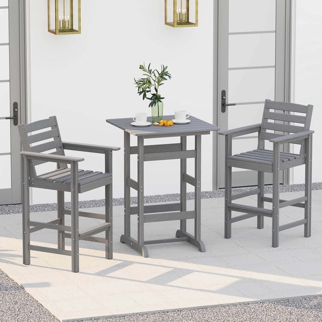 Costway Ensemble de Bar de Patio 3 Pcs en HDPE Fauteuils avec Table Haute Carrée Repose-Pieds Dossier Gris