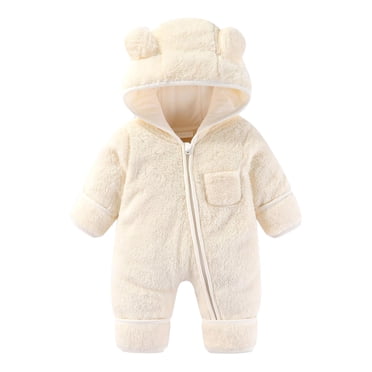 Lenpel Newborn Baby Fleece Jumpsuits Long Sleeve Zip up Fuzzy Hooded Rompers Plush Onesie Outwear Outfits with Pocket(Beige,0-3 Months)