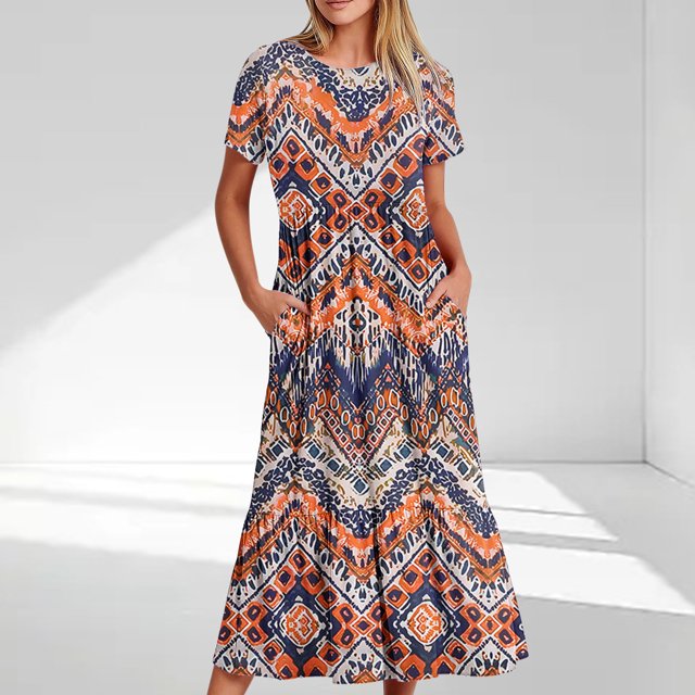 Ovzne Robes Grande Taille pour Femmes Courbes Robe pour Femme Mode Féminine Manches Longues Col Rond T-Shirt Imprimé Blouse Ample Robe Manches Courtes Imprimée Liquidation