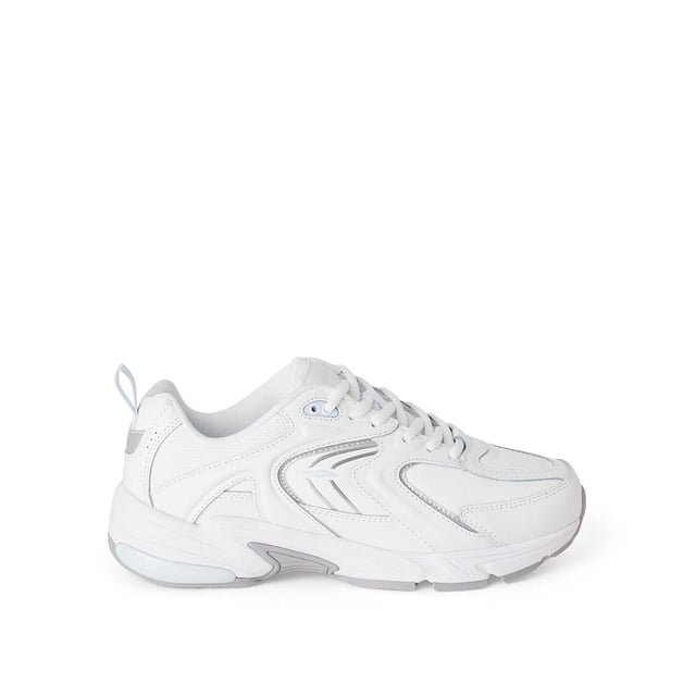 Avia Women's Athletic Sneakers in white with a side view showing lace-up closure, faux and action leather upper, thick rubber outsole with grey accents, round toe, and heel pull loop, ideal for running, gym workouts, and casual wear.