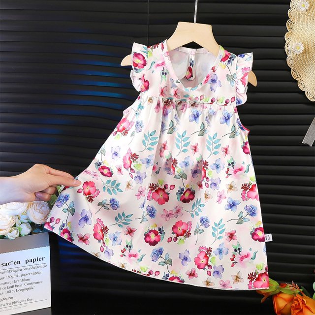 LOVZFMLL Girls' Summer Sleeveless Printed Round-Neck Embroidery Mesh Princess Bow Skirt