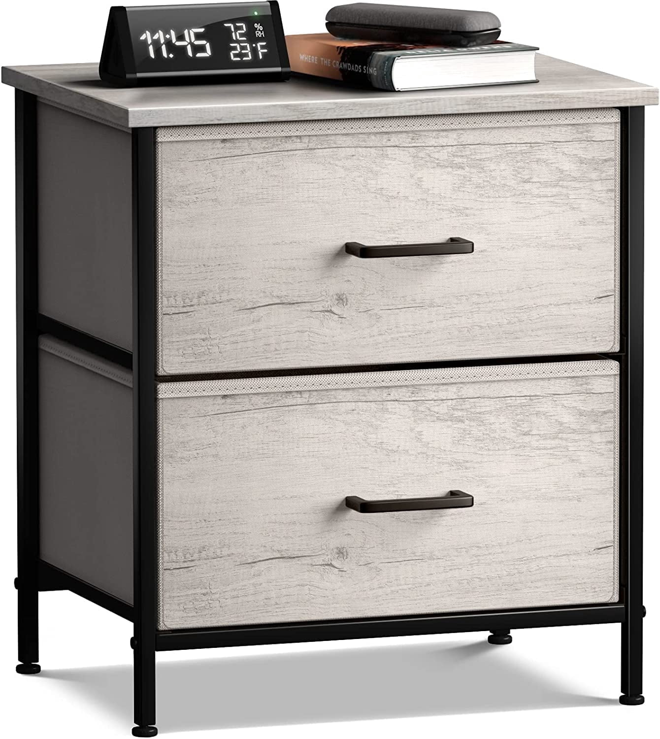 Sorbus Nightstand Dresser with 2 Faux Wood Drawers - Bedside Table Chest with Storage - Bedroom, Living -Room, Closet & Dorm Furniture -Lamp Stand - Steel Frame, Wood Top, Easy Pull Fabric Bins