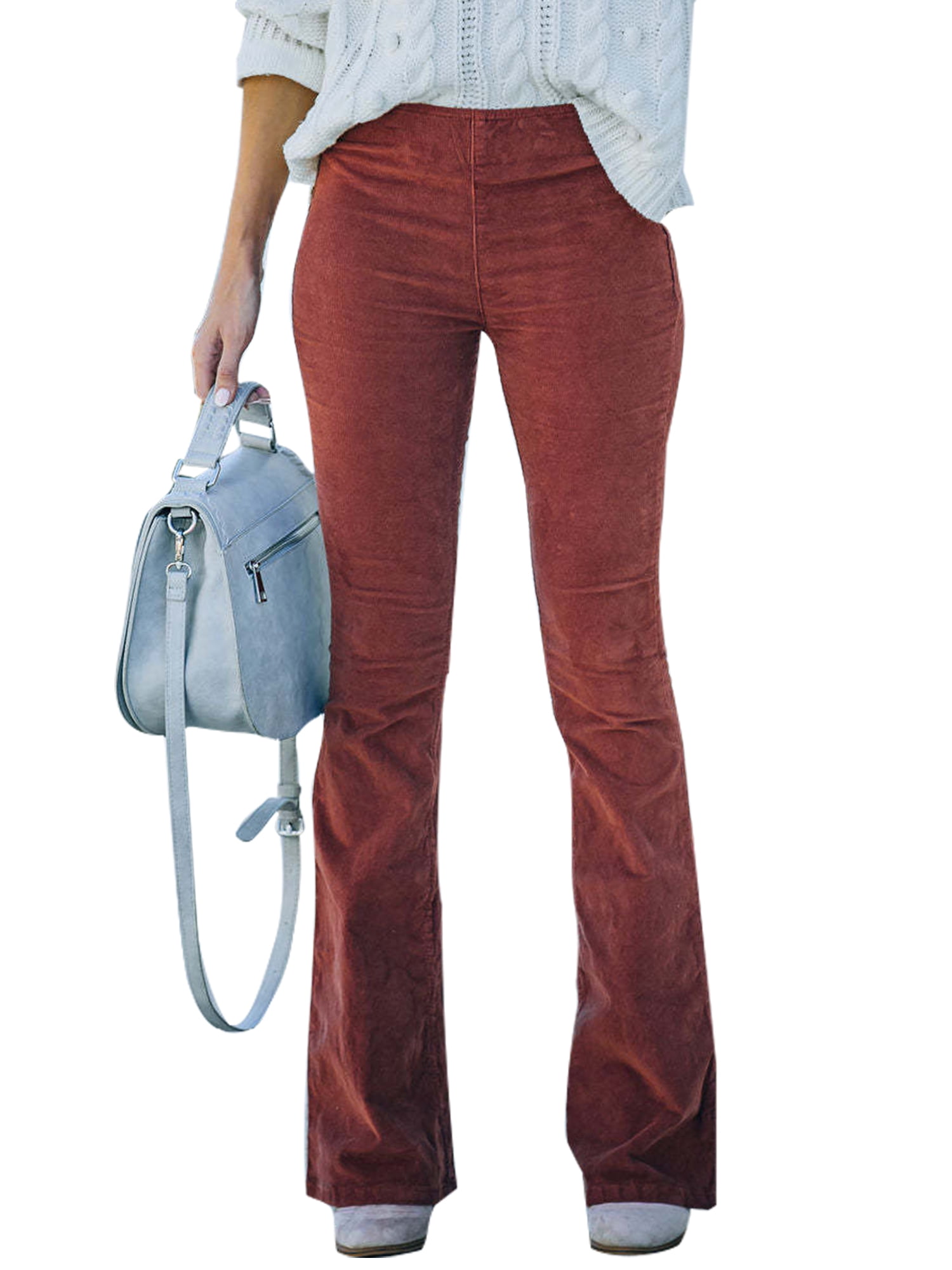 Fashnice Pantalon de Détente Évasé en Velours Côtelé Taille Haute pour Femme, Rouge Brique, m