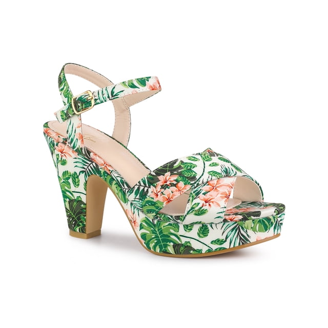 BLISSFUL STEP Women's Shoes Floral Pattern Platform Chunky Heel Open Toe Slingback Buckle Strap Sandals Green 6