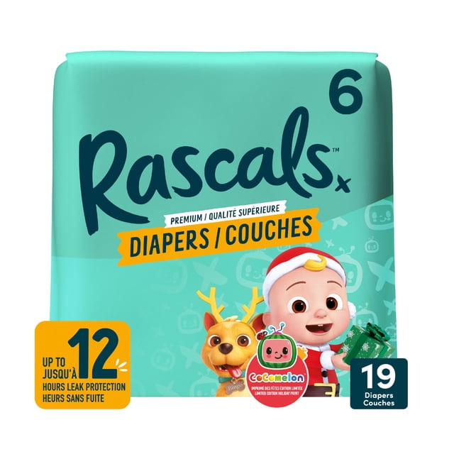 Rascals Premium Couches à Imprimé des Fêtes CoComelon Taille 6, Lot de 19, dans un Emballage Turquoise Mettant en Vedette des Personnages Festifs des Fêtes, Dont un Renne et un JJ de CoComelon, Offrant jusqu'à 12 Heures de protection contre les Fuites pour Bébés et Tout-Petits Unisexes.