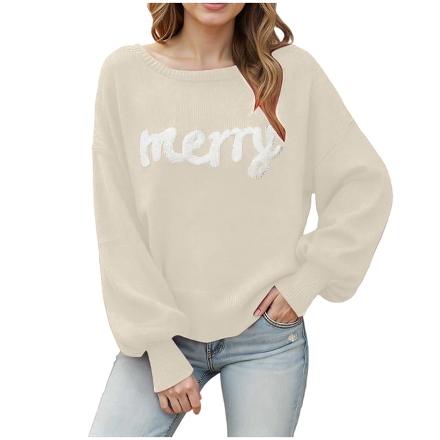 WUANDIXFA Chandail d'Automne 2025 pour Femmes Chandails pour Femmes Noël Automne Hiver Manches Longues Col Rond Haut Festif Chandail pour Femmes Beige,m