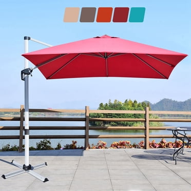 Costway Parasol Déporté Carré de Patio 10 Pi, Inclinaison à 360 Degrés, Aluminium, Rouge