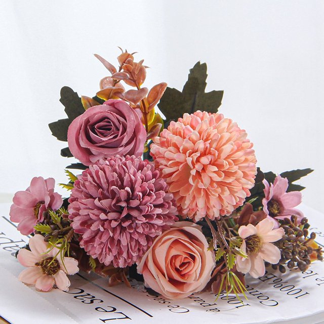 Artificial Roses Flower Bouquet With Hydrangea Roses Flowers Small Faux Arrangements For Wedding Table Centerpieces Kitchen Home Decorations Photography Props