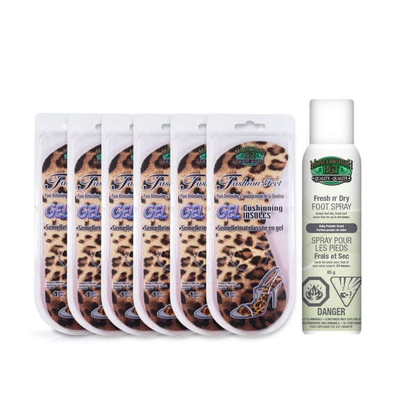 Fashion Feet Gel Cushioning 3/4 Insoles (6 PK) and Foot Spray (85g)