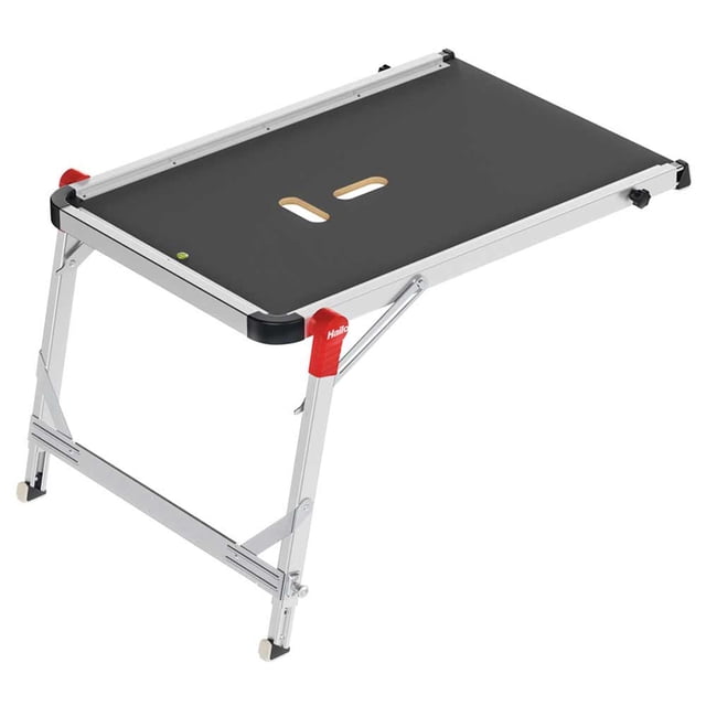 Hailo TP1 Staircase Platform for Step Stools & Ladders, 330 lbs Capacity, Black. This aluminum platform features a non-slip textured surface, adjustable telescopic rails and feet for various staircase configurations, and a built-in bubble level for precise alignment. Compact and foldable with carrying handles, it supports up to 330 lbs and is ideal for tasks like painting, roofing, and home improvement. Dimensions: 21.57 x 29.53 x 47.24 inches.