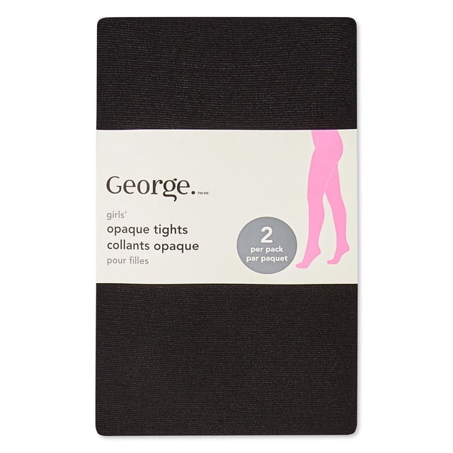 George Girls' Opaque Tight 2-Pack showing black footed tights made from a soft, stretchy nylon and spandex blend with an elasticized waistband, folded with packaging displaying brand and bilingual product details, ideal for layering under dresses or skirts.